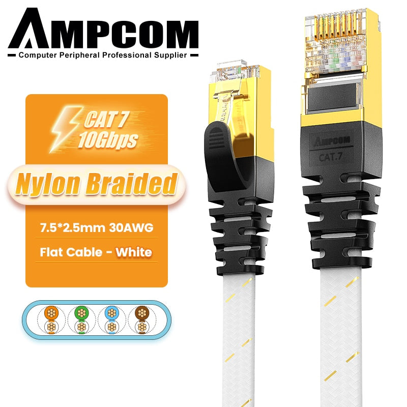 AMPCOM Cat7 Ethernet Cable Flat, Lan ,Cable ,SFTP ,Round ,RJ45 ,Network ,Cable ,CAT7 ,internet, cord, for Router, Modem, PC PS4 Patch Cable